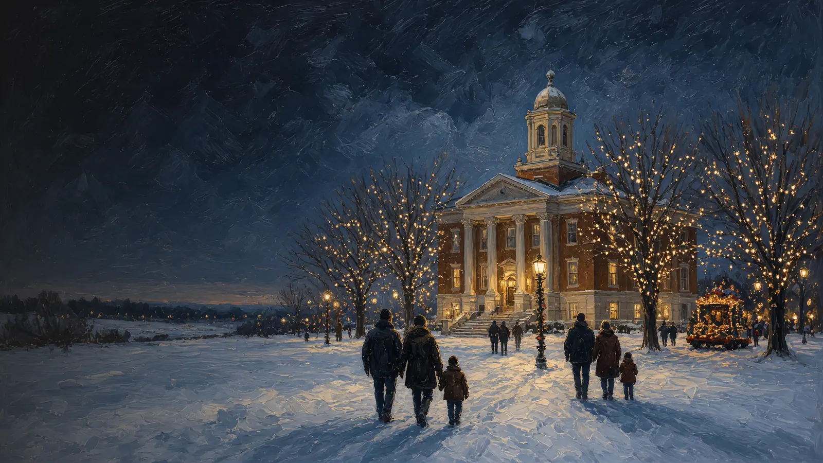 Painted snowy night on a courthouse square: bare trees wrapped in lights, a glowing float, families walking toward the steps