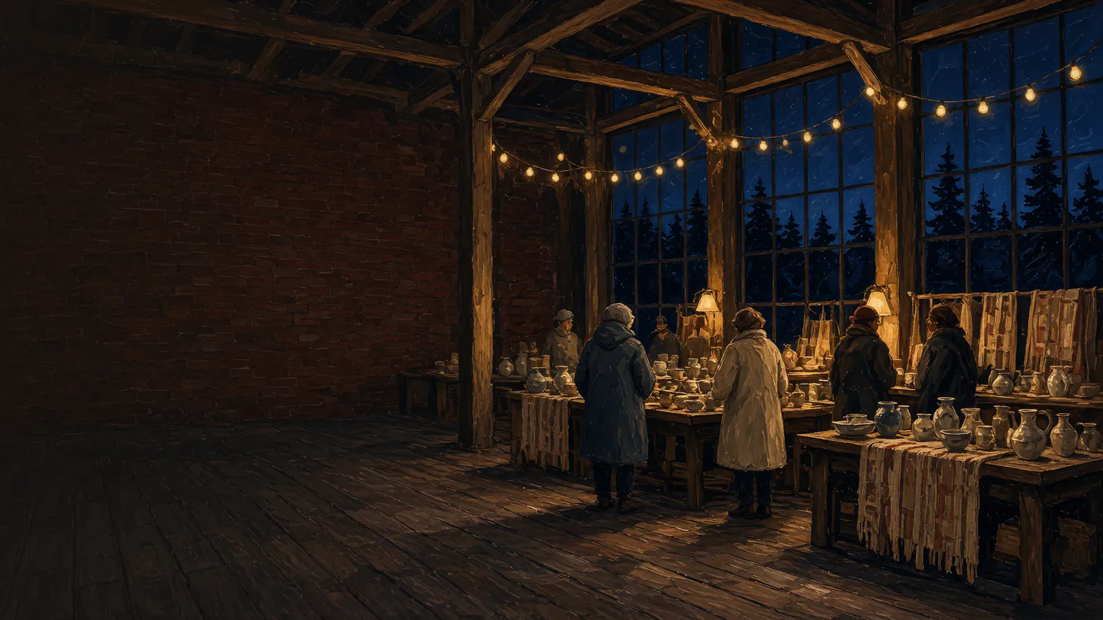Painted night inside a brick warehouse: timber beams, string lights, shoppers at tables of pottery and woven textiles