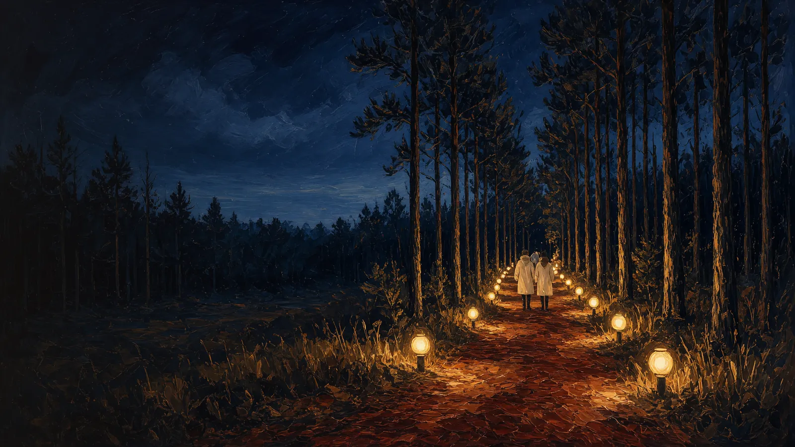 Painted night in Carolina pine woods: a red-clay path lined with glowing lanterns, two walkers heading away under tall pines