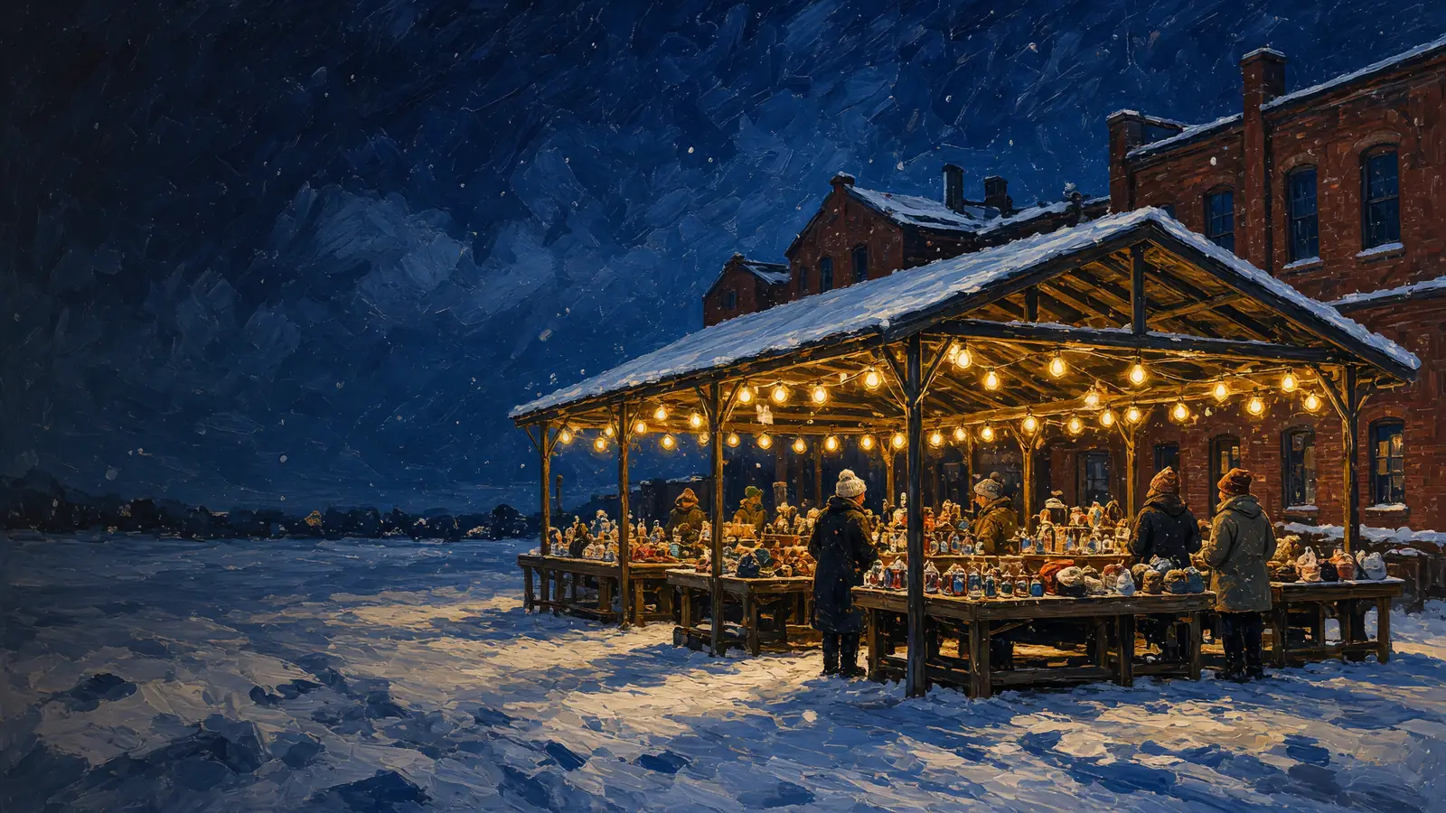 Painted winter night: an open brick market shed with snowy roof and string lights, shoppers in parkas browse ornaments