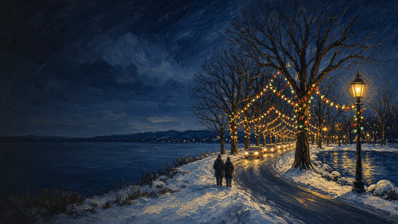 Painted winter night: a snowy park road under bare oaks strung with colored lights, cars' headlights, a pond and two walkers