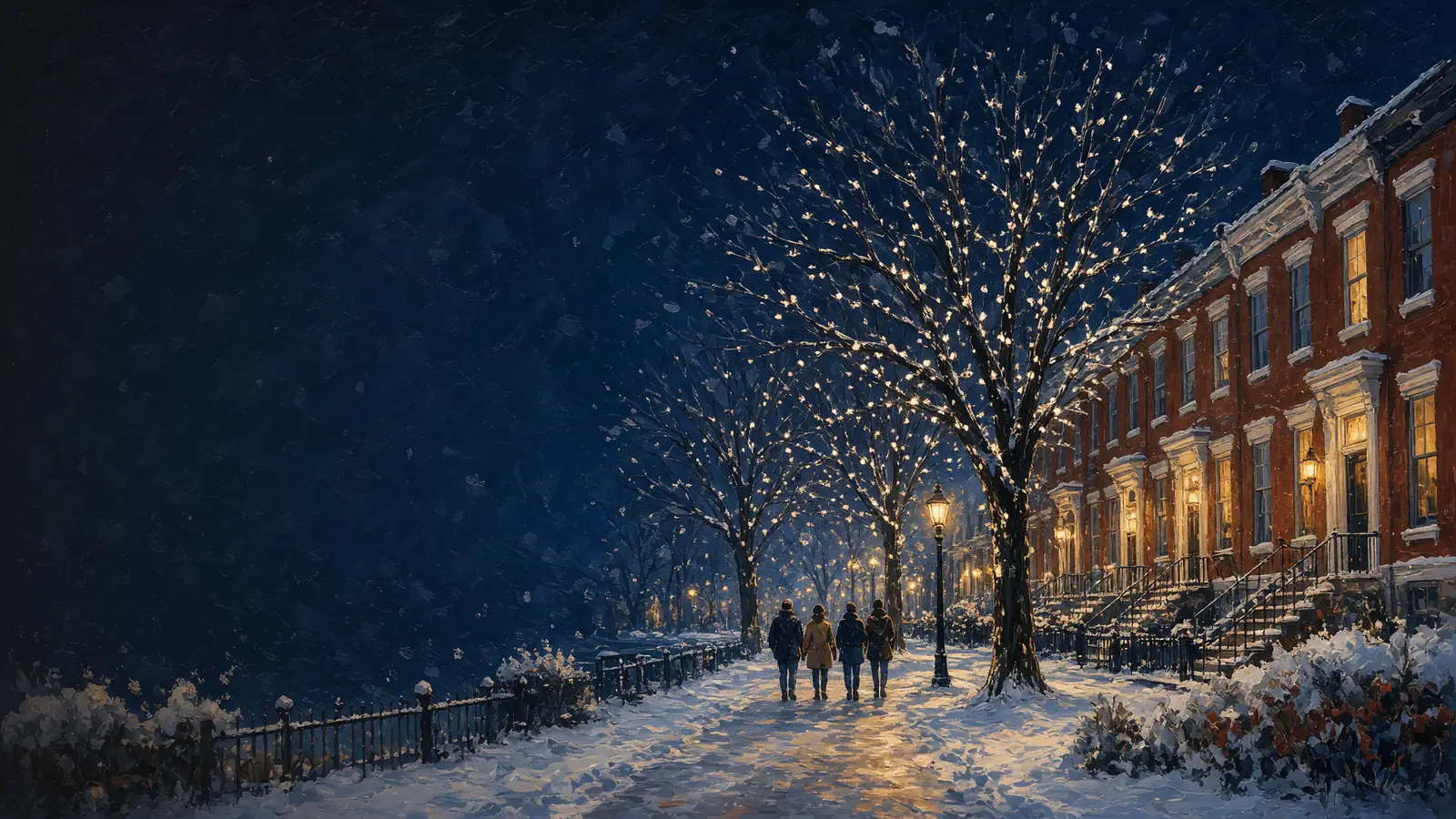 Painted snowy night by brick rowhouses: a small park with trees wrapped in white lights and a family walking a lamplit path