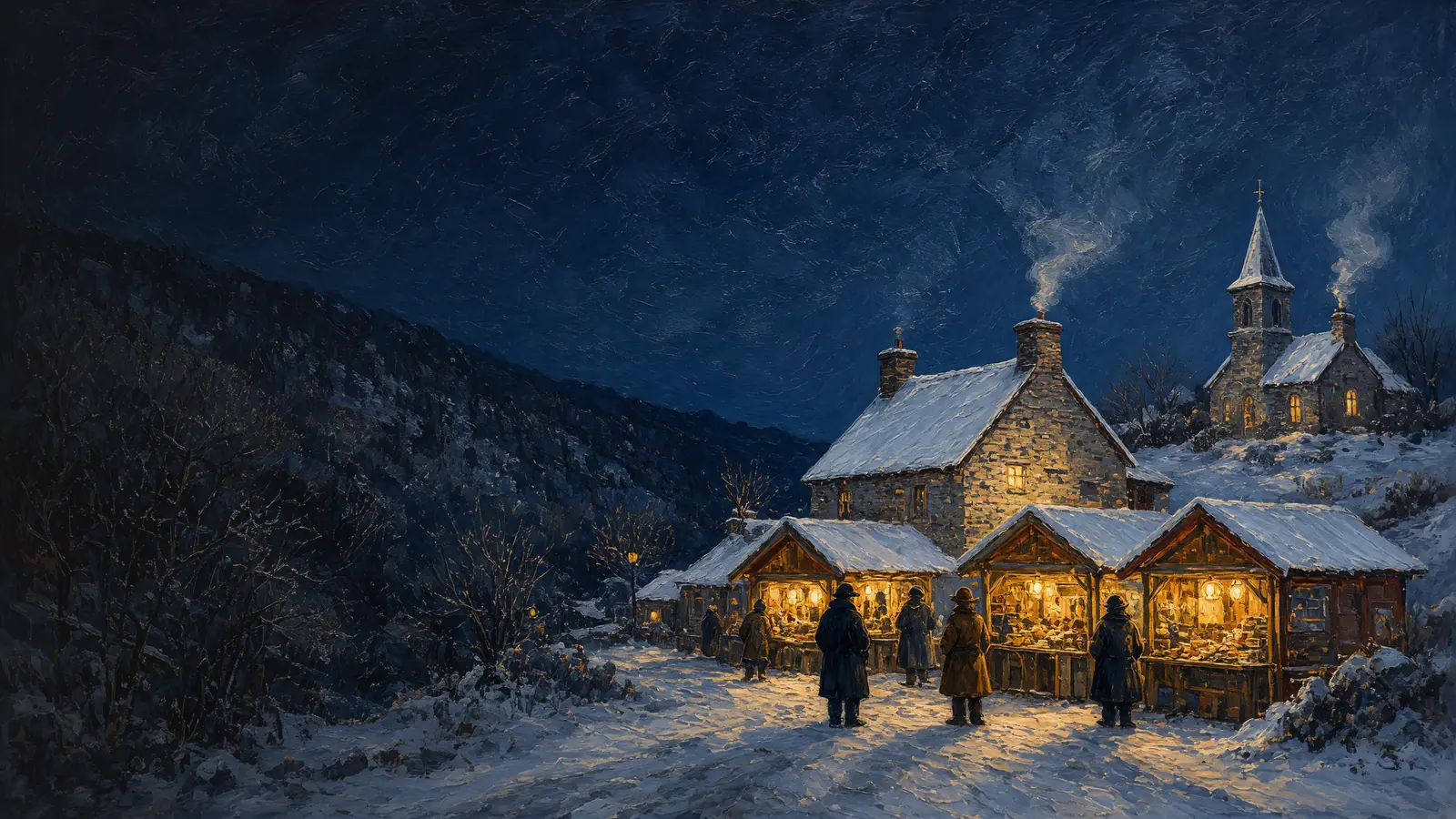 Painted snowy night in a hill village: glowing wooden market huts by a stone farmhouse and church, chimney smoke, shoppers