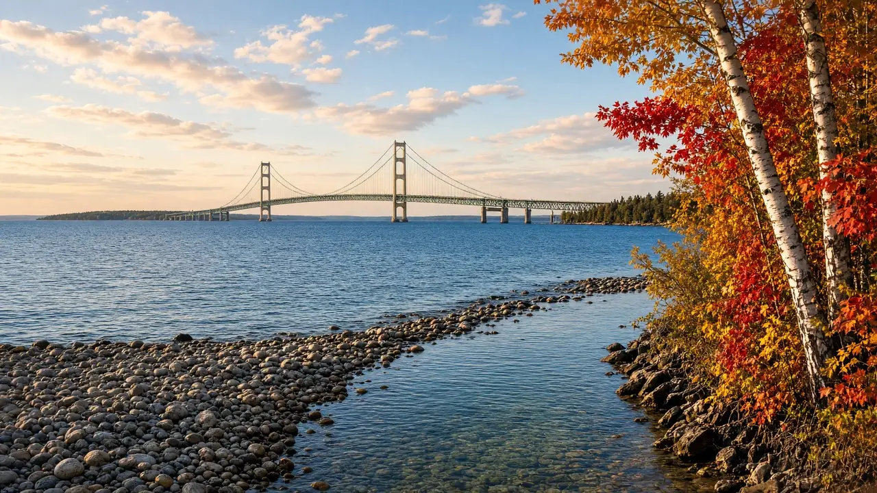 The Mackinac Bridge stretches across the blue Straits of Mackinac, seen from a stony shoreline framed by white birches and red and orange fall maples.