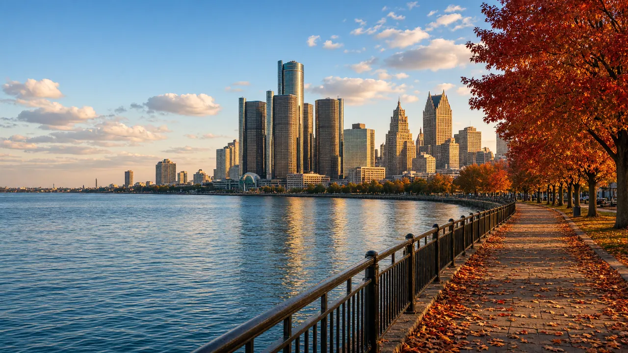 The Detroit skyline rises across the Detroit River on a fall afternoon, beside a riverside walkway lined with red and orange trees and fallen leaves.